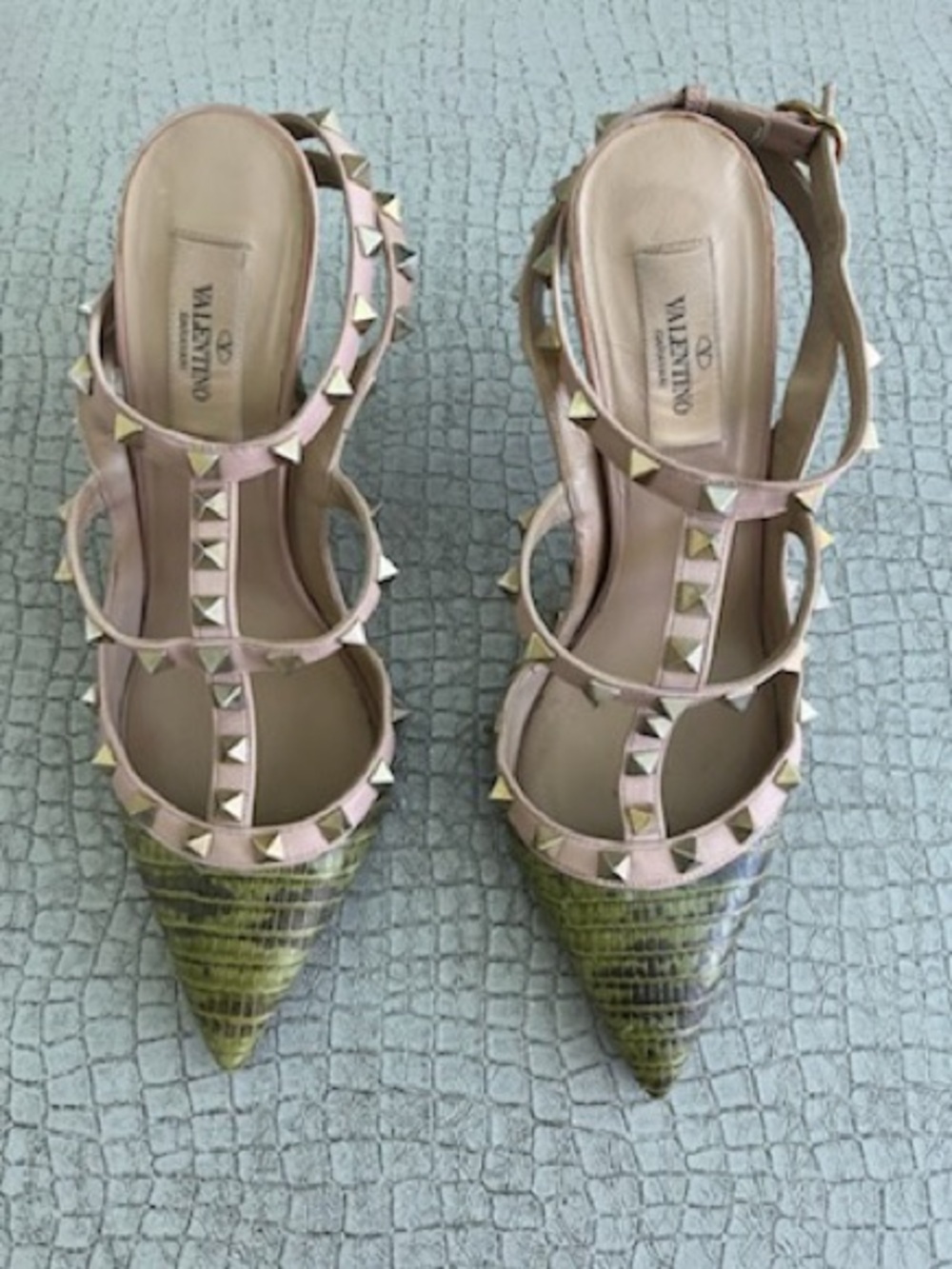 Valentino Pink Strappy Heels with Green Pointed Toe and Gold Studs size 38/US 8